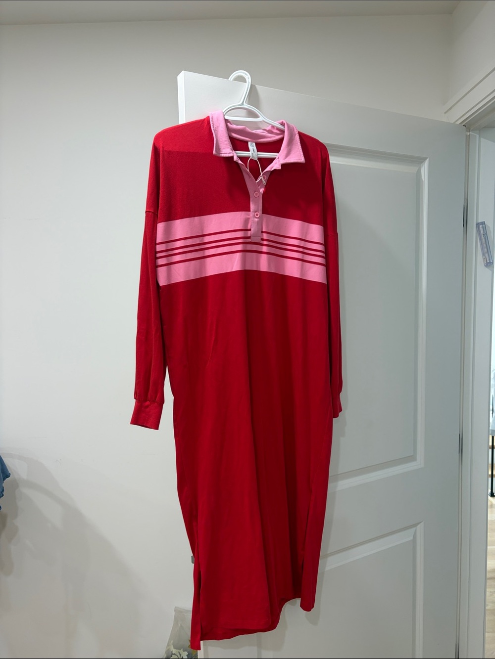 Only Red Long-Sleeve Polo Dress with Pink Stripe